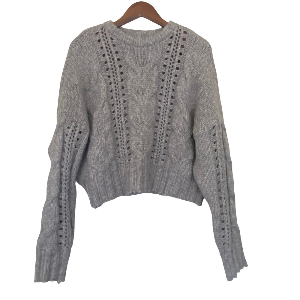 Arizona Jean Co Cable Knit Womens Sweater M Grey Pointelle Crew Neck Long Sleeve